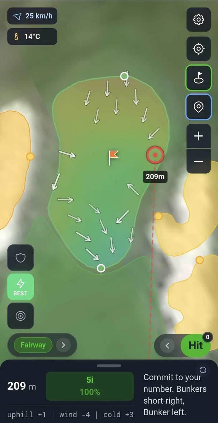 Steve in BEST mode showing slope arrows on the green and a Driver recommendation