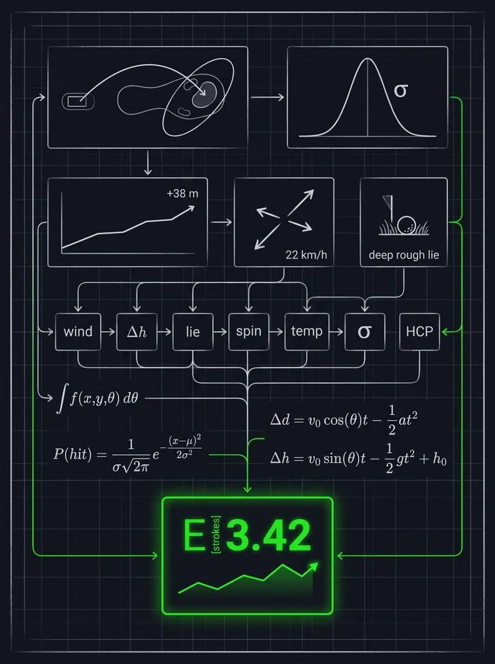 Steve's expanded strategy panel showing distances, hazards, GIR percentage, and shot reasoning