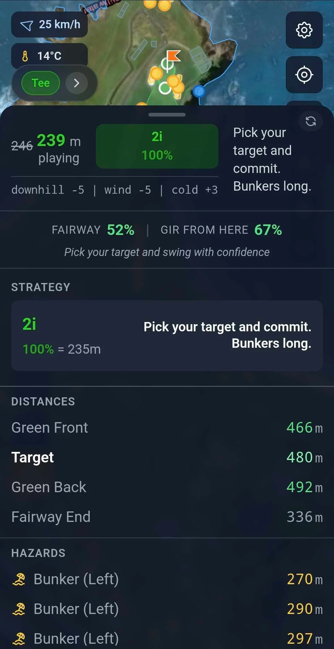 Steve's expanded strategy panel showing distances, hazards, GIR percentage, and shot reasoning