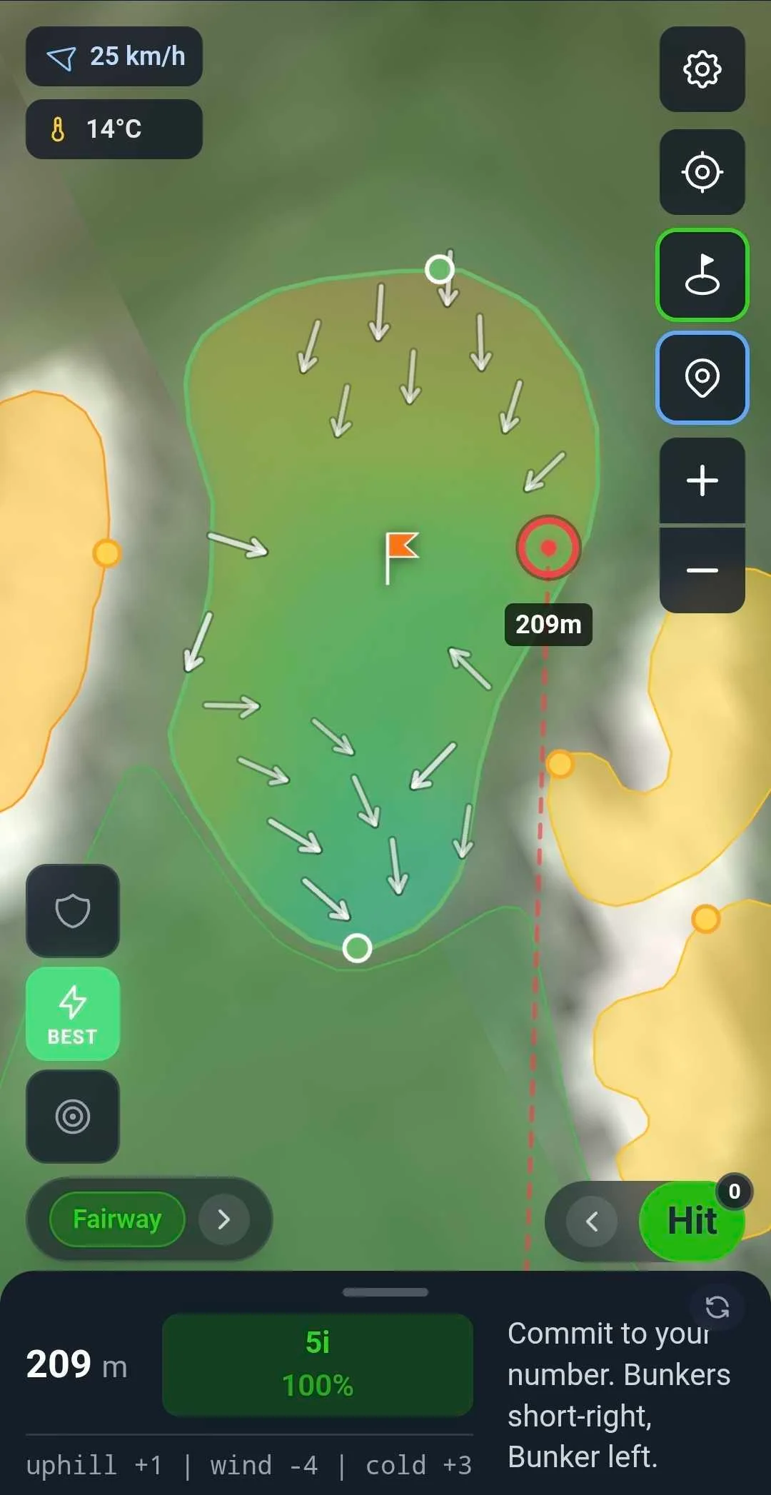 Steve in BEST mode showing slope arrows on the green and a Driver recommendation