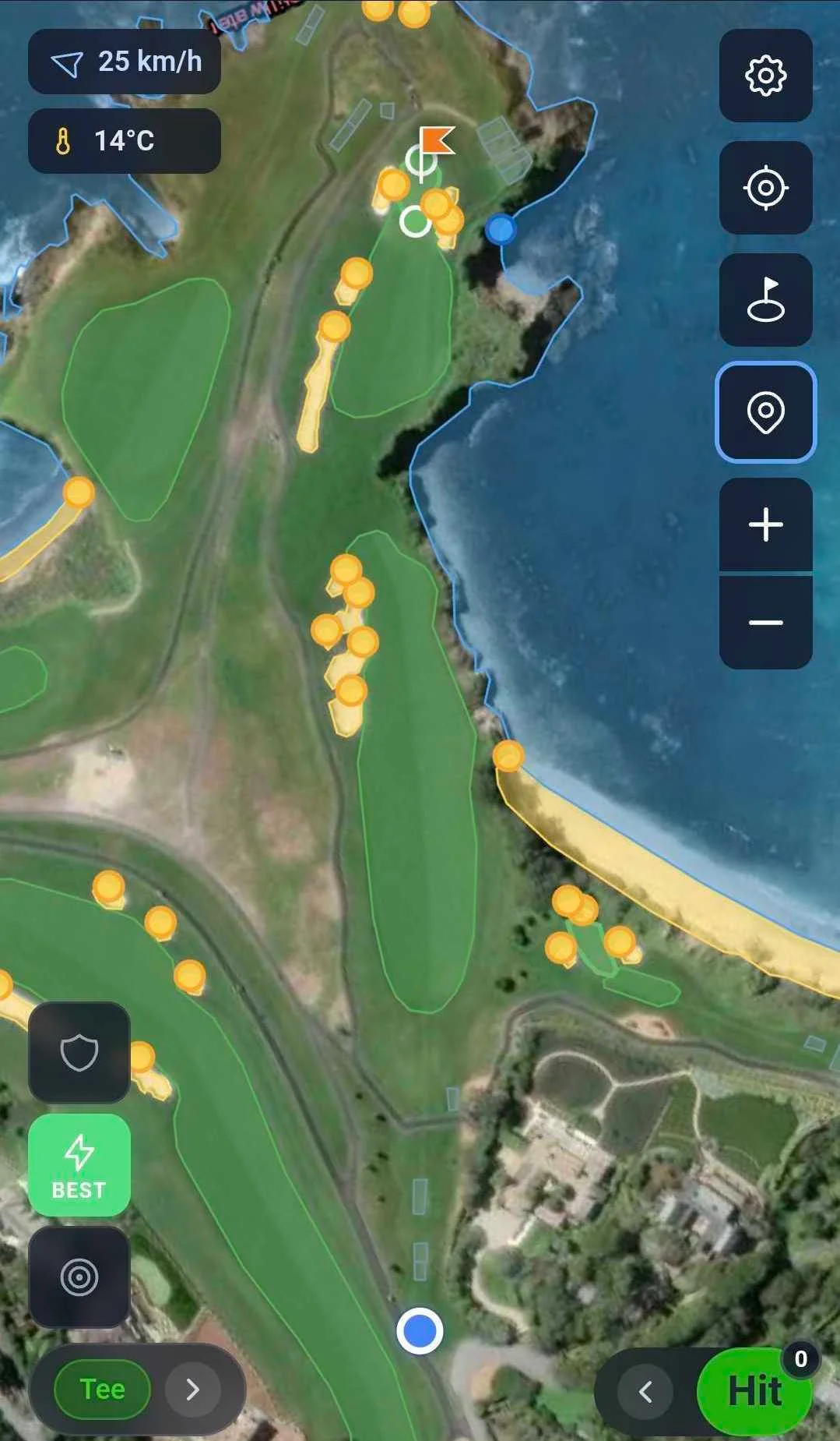 Steve Course Strategy view showing a full par 5 hole with multiple bunkers, fairways, and green outlined